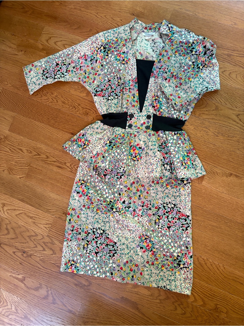 Vintage 1980s Multicolor Floral Peplum Dress with Black Ribbed Waist